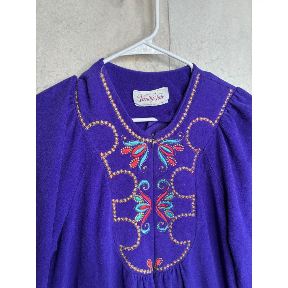 Vanity Fair Vintage Purple Fleece Embroidered Caftan Robe Made in USA Medium